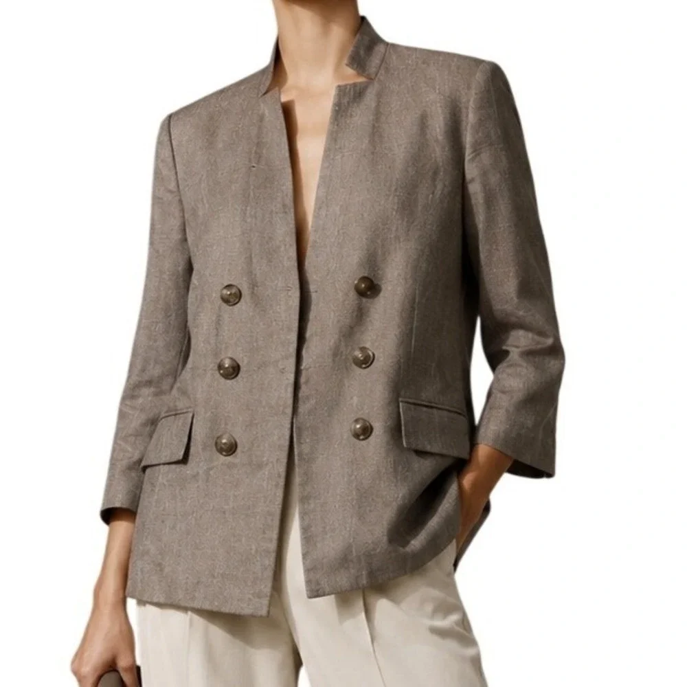 White House Black Market Officecore Gray Linen Blend Open 3/4‎ Sleeve Blazer 12